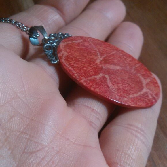 Red Sponge Coral Sterling Silver Pendant Stainless Steel Necklace - Picture 11 of 14